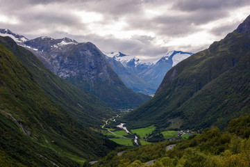 Fototapeta na wymiar Hjelle valley mountain landscape in Norway.