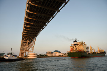 Cargo freighter under the Harbor Bridge, heading into the Gulf of Mexico, Corpus Christi.