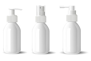 Realistic white glossy glass or plastic Cosmetic bottles dispenser spray pump container. Mockup template for cream, soups, and other cosmetics or medical products. Vector illustration.