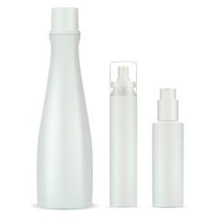 Cosmetic shampoo, sprayer and dispenser pump bottles mockup set. Cosmetic jars for gel, liquid, moisturizer, conditioner.Clean 3d Detalied vector illustration isolated on background.