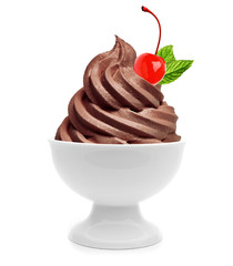Soft ice cream or chocolate frozen yogurt in white bowl or cup isolated on white background
