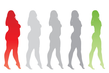 Vector conceptual fat overweight obese female vs slim fit healthy body after weight loss or diet with muscles thin young woman isolated. Fitness, nutrition or fatness obesity, health silhouette shape