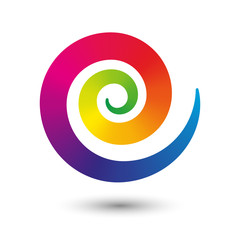 vector round icon spiral symbol of flexible twirl center in flat design isolated on  white background with shadow - full color spectrum rainbow colored gradient