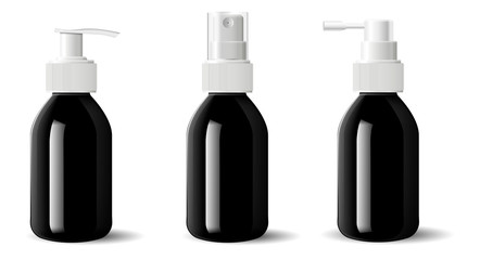 Realistic black glossy glass or plastic Cosmetic bottles dispenser spray pump container. Mockup template for cream, soups, and other cosmetics or medical products. Vector illustration.