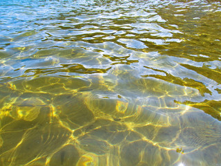 Transparent water surface with golden sun glare and sunny shining reflections on the sand. Top view of yellow ripple texture with sunlight refracting through liquid layer.
