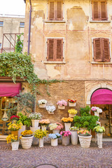 Fototapeta na wymiar Colorful flowerpots in front of an old house in Bardolino at Lake Garda in Italy