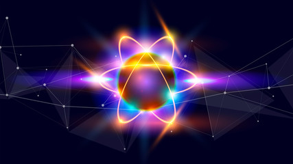 atom - a symbolic image of an elementary particle against a background of deep space with stars & constellations. In the foreground - a digital information wave, symbolizing big data