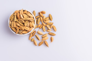 Dry Cardamom pod in a stone mortar, isolated on white background, latin term Elettaria cardamomum,  with copy space, angle view, soft light. 