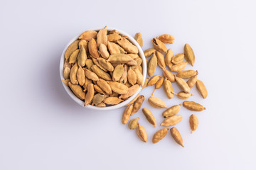 Dry Cardamom pod in a stone mortar, isolated on white background, latin term Elettaria cardamomum,  with copy space, angle view, soft light. 