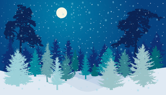 Winter forest with snowfall in night with full moon silhouette. Vector