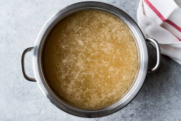 Bone Broth Bouillon in Metal Pan.