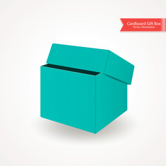 Fototapeta premium Single half open cardboard green blue box. Front view. Package isolated on white background. Realistic Vector Illustration