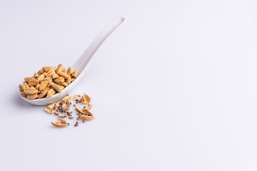 Dry Cardamom pod in a stone mortar, isolated on white background, latin term Elettaria cardamomum,  with copy space, angle view, soft light. 