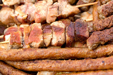 Grilled meat - grilled pork meat, grilled pork sausage and grilled pork kebab (delicious food)
