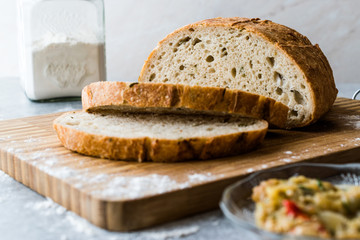 Aubergine Bread Slices with Roasted Eggplant, Parsley, Dill and Tulum Cheese.