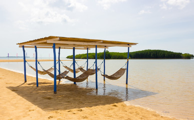 Wicker hammocks in the shade under a canopy from the sun on the sandy beach of tropical island in the sea against the background of mangroves. Perfect summer background for advertising exotic travels
