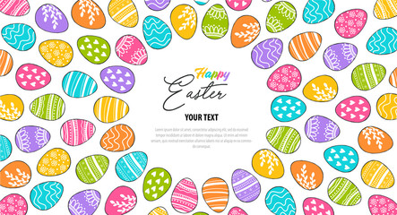 Happy Easter - greeting card. Unique design with eggs. Vector illustration in modern style. Template for card, invitation, flyer, leaflet, banner in thin linear design. 