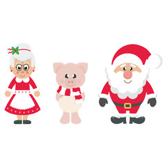 winter cartoon pig with scarf and santa claus and cartoon mrs santa