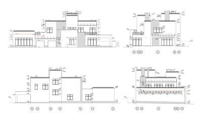 Set of private house facades, detailed architectural technical drawing, vector blueprint