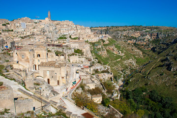 Fototapeta na wymiar Panoramic beautiful view of Sassi or stones of Matera, European capital of culture 2019, Basilicata, Italy