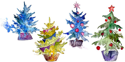 Isolated Chrismas tree in pot. Background illustration set. Watercolour drawing aquarelle isolated.