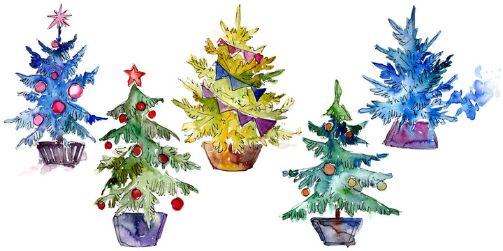 Isolated Chrismas tree in pot. Background illustration set. Watercolour drawing aquarelle isolated.