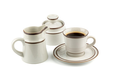 Set of Porcelain coffee and tea with sugar bowl and milk container isolated on white background. with clipping path inside..