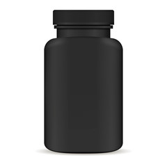 Plastic pill bottle. Black 3d Vector illustration. Mockup Template of medicine package for pills, capsule, drugs. Sports and health life supplements.