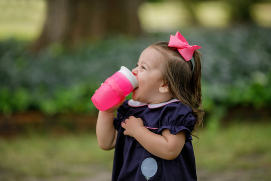 Little Toddler Preschool Girl in Navy Dress Drinking from Sippy Cup