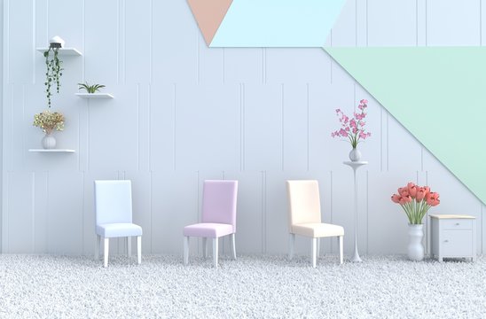 White pastel living room decor with pastel chair, pastel wall, orchid, tulip, rose, carpet. Christmas's day, new year and happy room. 3d render.