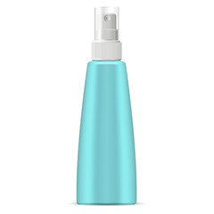 Dispenser spray cosmetic bottle mockup in marine blue green color. Unique shape container for different cosmetics. Plastic package 3d illustration, isolated on white.