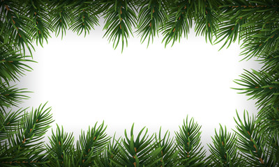 Fototapeta na wymiar Winter holiday background with fir leaf border. Isolated Christmas Frame with tree branches. Vector Illustration.