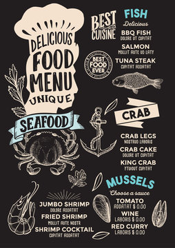 Seafood food menu template for restaurant with chefs hat lettering.