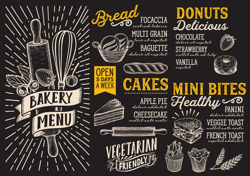 Bakery menu food template for restaurant with doodle hand-drawn graphic.
