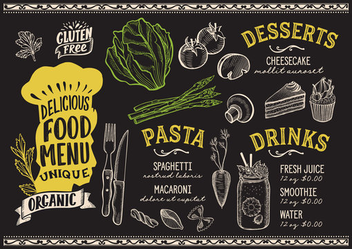 Vegetarian food menu template for restaurant with chefs hat lettering.