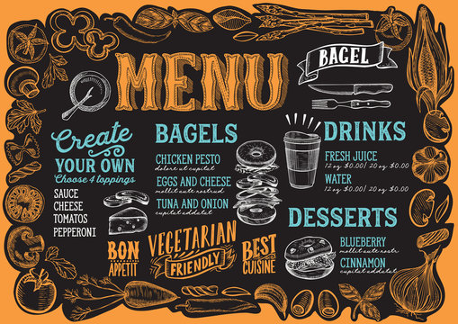 Bagel and sandwich menu for restaurant with frame of graphic vegetables.