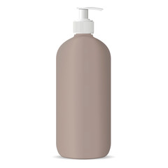 Round Cosmetic bottle with dispenser pump lid in light brown color. Cosmetic container for next products: cream, moisturizer, shampoo, mask, soap and other liquids. 3d vector illustration.