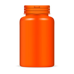 Plastic drug pills bottle in orange color. Mockup Template of medical package for pills, capsule, drugs. 3d Vector illustration. Sports and health life supplements.