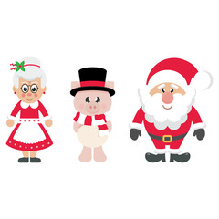 winter cartoon pig with scarf in hat and santa claus and cartoon mrs santa