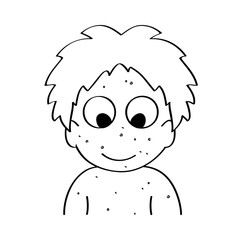 Happy sick child with skin rash, chicken pox disease. Cartoon outline vector