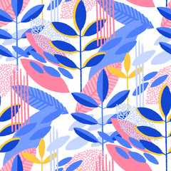 Abstract seamless pattern of minimalistic leaves in vibrant colors