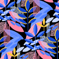 Naklejka premium Abstract seamless pattern of minimalistic leaves in vibrant colors