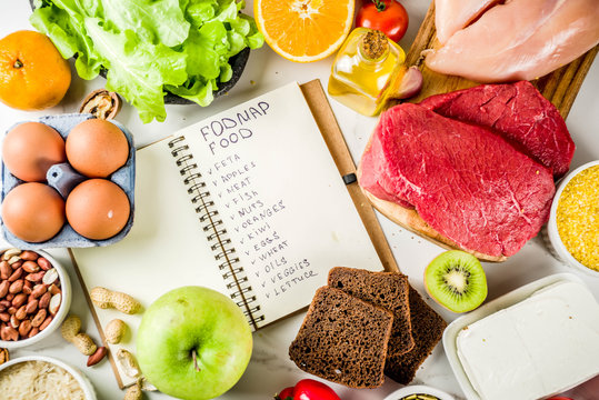 Healthy diet food. Various low fodmap ingredients selection - meat, vegetables, berry, fruit, grains, Trendy healthy lifestyle concept. On white marble background copy space top view