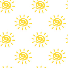 Vector seamless pattern with sun isolated on white backdrop. Sumer background. Creative colorful wallpaper for yoga club. For textile and fabric, cover, print on clothes. Ether sign.