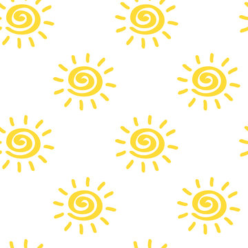 Vector seamless pattern with sun isolated on white backdrop. Sumer background. Creative colorful wallpaper for yoga club. For textile and fabric, cover, print on clothes. Ether sign.