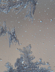 Frosty drawings on the window, frost, background with copy space, New Year