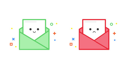 Happy and sad email vector illustration for success and failure flash message, banner, cover or landing page. Cute cartoon layout for your design with smile on the face.