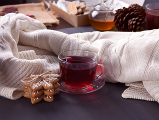 Christmas cookies snowflakes , cup of tea and white knitted plaid.