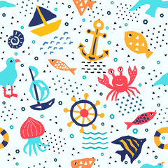 Seaworld seamless pattern of paper cutout marine style memphis design elements. Endless funny cartoon background for kids cloth textile print, childish wallpaper, wrapping. EPS 10 vector illustration 