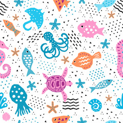 Seaworld seamless pattern of paper cutout marine style memphis design elements. Endless funny cartoon background for kids cloth textile print, childish wallpaper, wrapping. EPS 10 vector illustration 